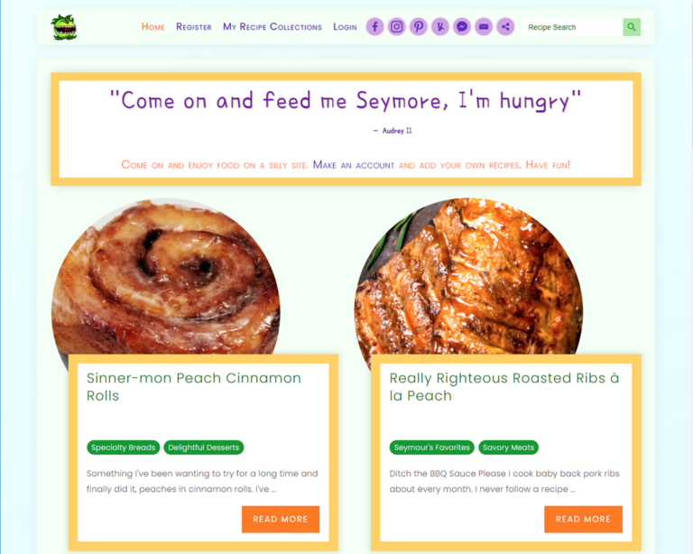 A recipe website with sections for peach cinnamon rolls and roasted ribs, featuring playful text and vibrant design.