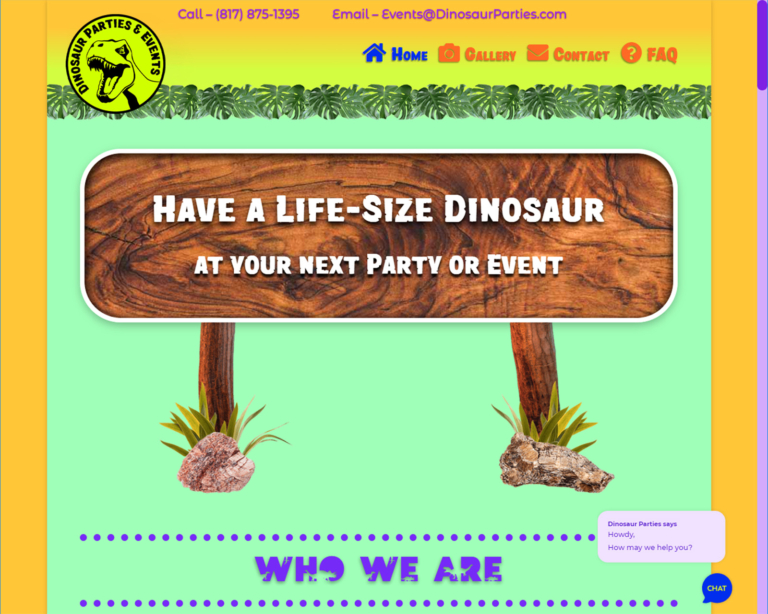 Party event page for DinosaurParties.com with a dinosaur theme, text titled "Have a Life-Size Dinosaur at your next party or event."