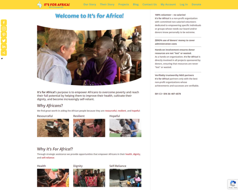 Welcome page of It's For Africa! promoting African empowerment with images of people, children, and informational text.