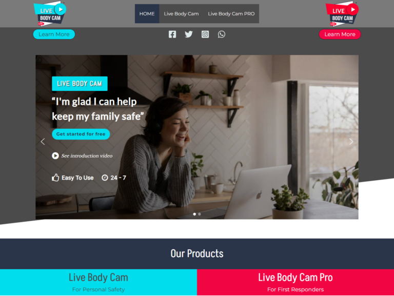 Woman smiling at a laptop in a cozy room, above a text about Live Body Cam features and products.