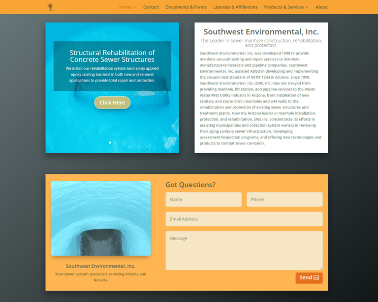 Southwestern Environmental Testing website screenshot with sections on sewer structure repair, contact form, and company information on a teal and yellow layout.