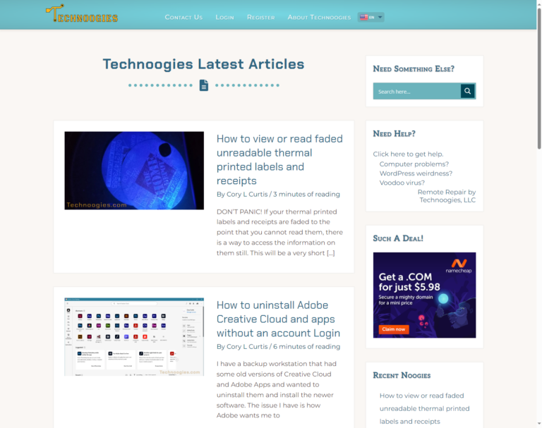 Screenshot of a tech blog page displaying articles on thermal receipts and uninstalling Adobe Creative Cloud.