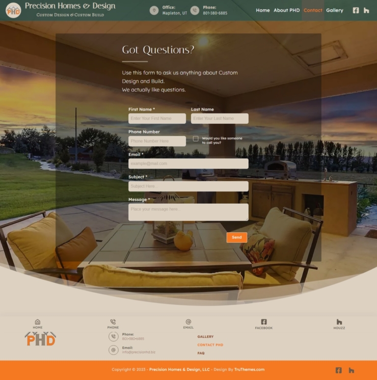Contact form on a home interiors website with a scenic background image and fields for name, phone, email, and message.