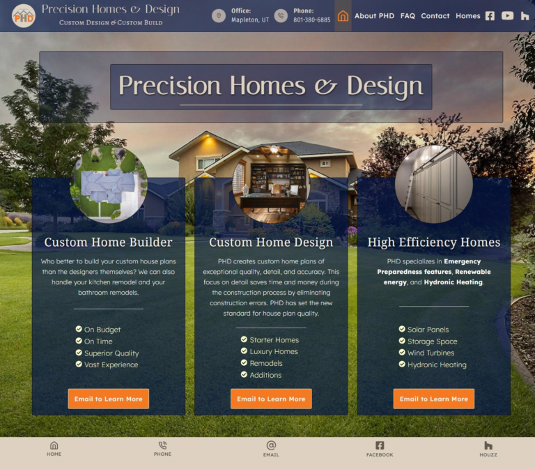 Website screenshot PrecisionHomesAndDesign.com homepage with banners for Custom Home Builder, Custom Home Design, and High Efficiency Homes.