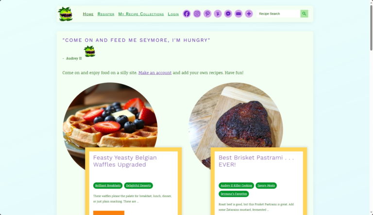 Website homepage or ComeOnAndFeedMe.com with food images, including Belgian waffles with berries and brisket pastrami, and menu options.