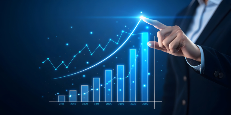 A hand points to a glowing upward trend line and bar chart, showing growth from 2020 to 2025.
