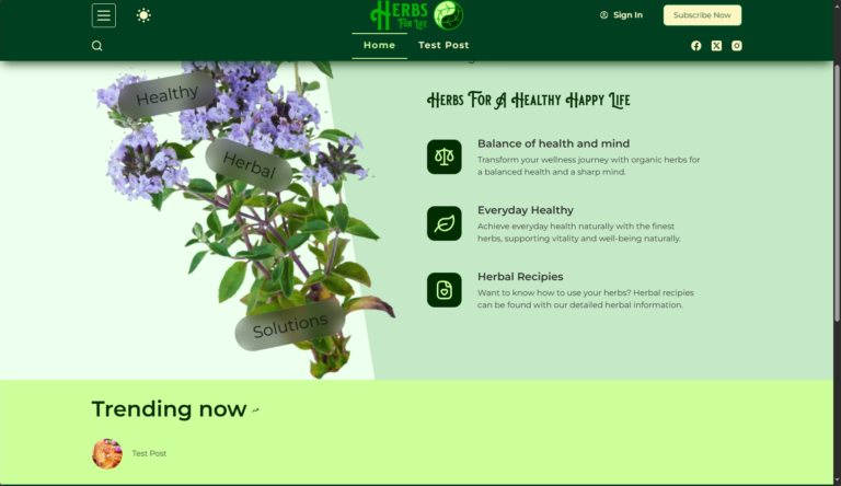 HerbsFor.Life website displaying purple flowers and text about healthy living with herbs, featuring "Subscribe Now" and a "Trending now" section.