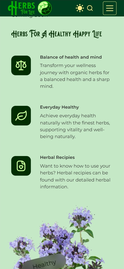 Herbs for Life app screen with icons and text about health benefits of herbs, featuring purple flowers at the bottom.