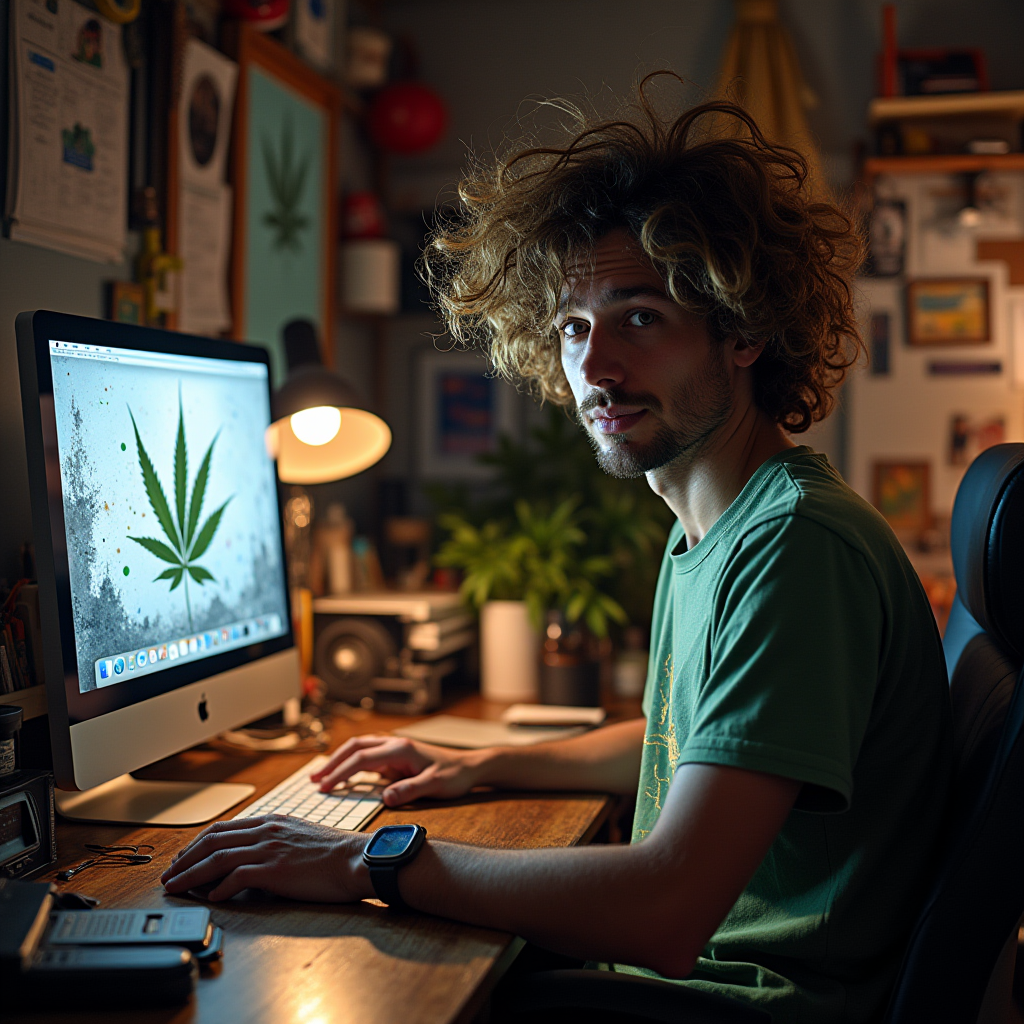 Young man working at computer desk displaying cannabis leaf and bohemian art.