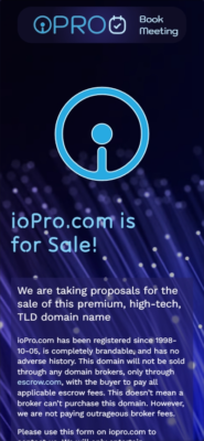 Blue ioPro.com ad stating the premium domain is for sale, with info on how to purchase.
