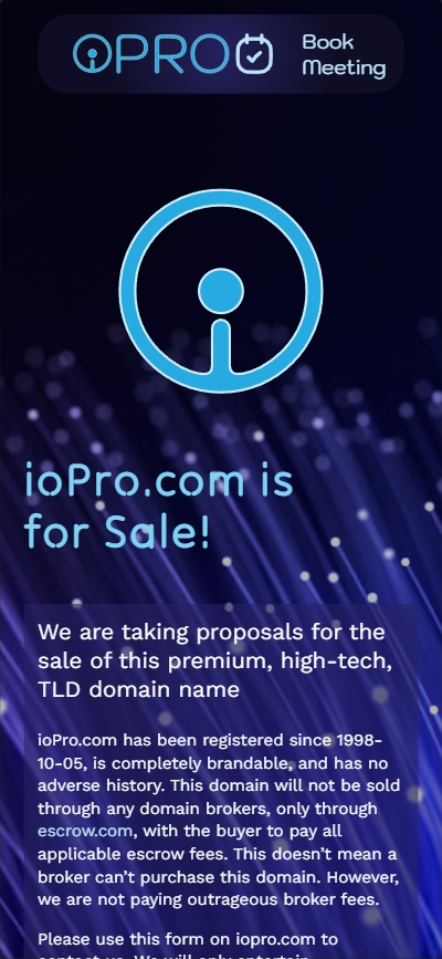 Blue ioPro.com ad stating the premium domain is for sale, with info on how to purchase.