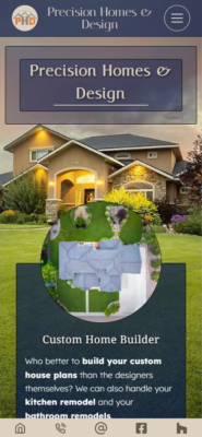 Modern house exterior with a website overlay featuring home builder services and an aerial view of a property.