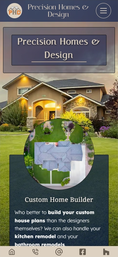Modern house exterior with a website overlay featuring home builder services and an aerial view of a property.