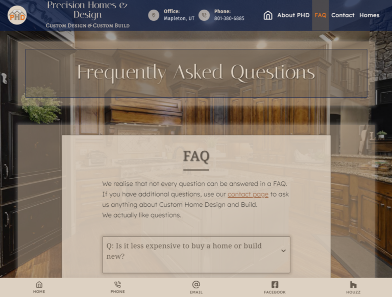 FAQ page of a custom home design website with contact information and a kitchen background.