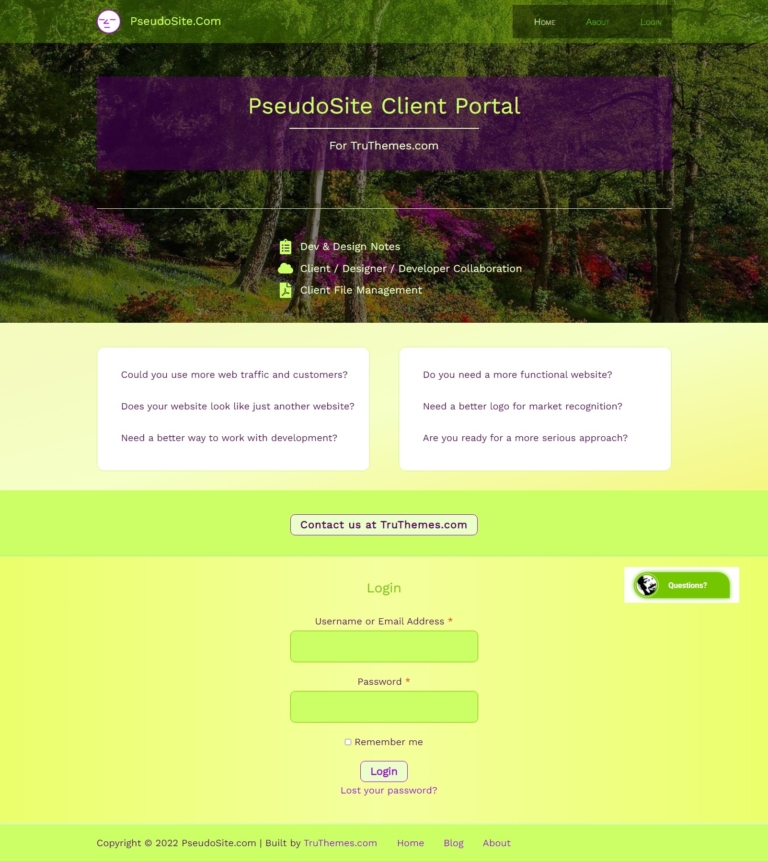 Website portal with login fields, vibrant forest background, and a contact button for PseudoSite client portal.