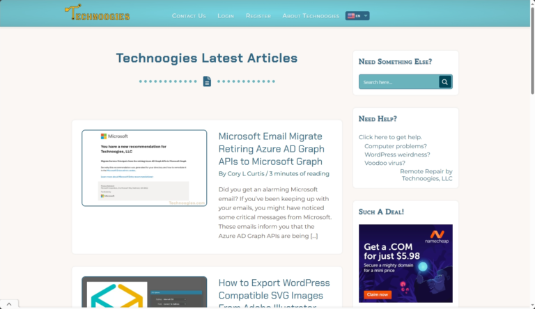 Screenshot of Technoogies.com "Technoogies Latest Articles" webpage featuring article titles.